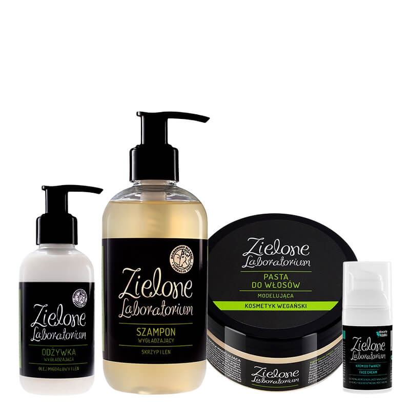 Zielone Laboratorium Odżywka Wygładzająca + Szampon Wygładzający + Modelująca Pasta + Krem do Twarzy ZESTAW Olej migdałowy i len 150 ml + Skrzyp i len 250 ml + Pasta modelująca 100 ml + Krem regenerująco-nawilżający 30 ml