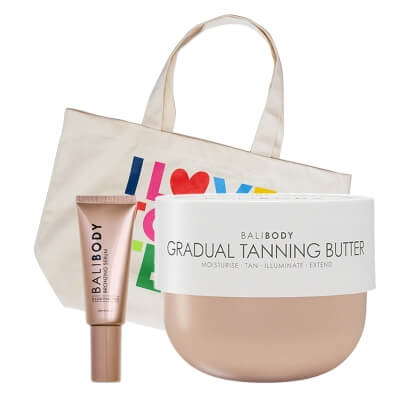 Bali Body Bronzing Serum + Gradual Tanning Butter + Plażowa Torba I Love Topestetic ZESTAW Serum brązujące do twarzy 30 ml + Masełko do ciała ze stopniowym efektem opalenizny 220 g + Torba 1 szt
