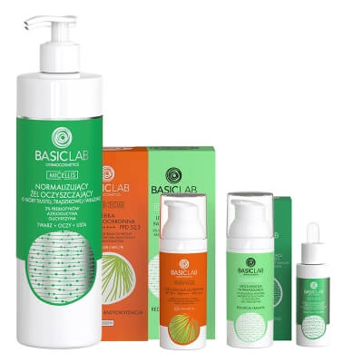 BasicLab Balance and Protect ZESTAW Żel oczyszczający 300 ml + Serum na niedoskonałości 30 ml + Lekka emulsja normalizująca 50 ml + Lekka emulsja SPF 50+ 50 ml