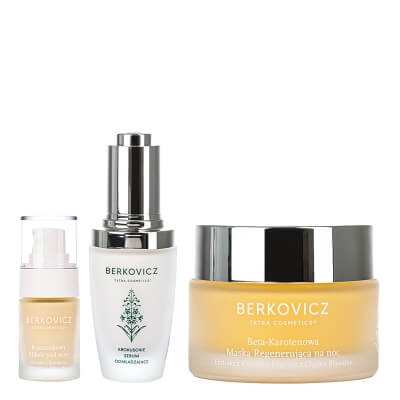 Berkovicz Overnight Glow Essentials ZESTAW Serum odmładzające 30 ml + Maska regenerująca na noc 50 ml + Serum pod oczy na cienie i opuchliznę 15 ml