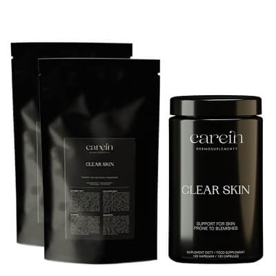 Carein Clear Skin 90 Days ZESTAW Kuracja 90 dni : Suplement diety 120 kaps + Uzupełnienie 120 kaps x 2