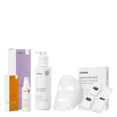 Croma HYDRATE &amp; GLOW ZESTAW Płyn oczyszczający 150 ml + Silnie działające serum 30 ml + Odmładzająca maska na twarz 8 szt + Opaski do mycia twarzy 3 szt
