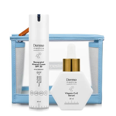 Dermomedica Pielęgnacja Skóry z Przebarwieniami ZESTAW Serum z witaminą C, Argireliną®, witaminą E 30ml + Przeciwstarzeniowy krem z resweratrolem i filtrem 60 ml + Kosmetyczka Gratis !!