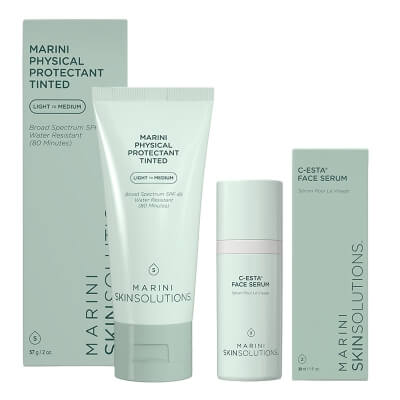 Marini SkinSolutions Codzienna Pielęgnacja Rozświetlająca ZESTAW Serum do twarzy z witaminą C i DMAE 30 ml + Krem ochronny koloryzujący, 57 g