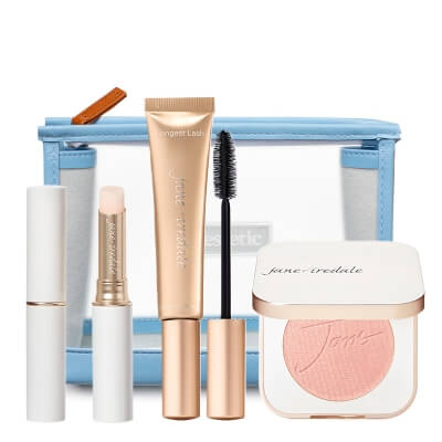 Jane Iredale Just Kissed + Pure Pressed Blush + Longest Lash Mascara + Kosmetyczka Topestetic ZESTAW Pomadka (kolor Forever You) 3 g + Róż (kolor Cotton Candy) 3,2 g + Tusz (Black Ice) 12 g + Kosmetyczka 1 szt