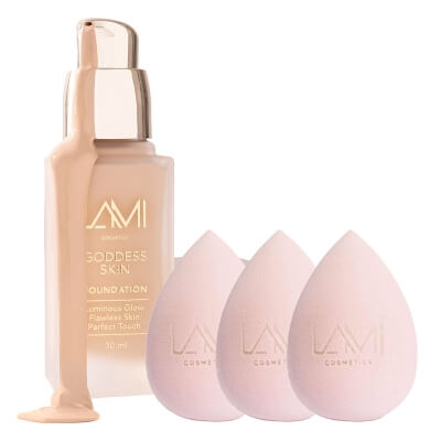Lami Cosmetics Goddess Skin Radiant Skin Foundation + Makeup Blender Sponge x 3 ZESTAW Podkład rozświetlający z efektem glow (kolor Fair Neutral) 30 ml + Gąbka do makijażu 1 szt x 3