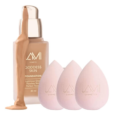 Lami Cosmetics Goddess Skin Radiant Skin Foundation + Makeup Blender Sponge x 3 ZESTAW Podkład rozświetlający z efektem glow (kolor Tan) 30 ml + Gąbka do makijażu 1 szt x 3