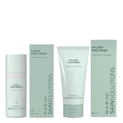 Marini SkinSolutions C-ESTA® Face Serum + Hyla3D® Face Mask ZESTAW Serum do twarzy z witaminą C i DMAE 30 ml + Głęboko nawilżająca maska do twarzy 28 g