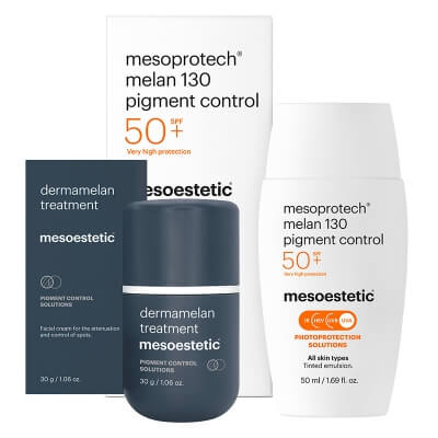 Mesoestetic Dermamelan Treatment + Mesoprotech Melan 130+ ZESTAW Krem na przebarwienia do stosowania w domu 30 g + Fluid koloryzujacy SPF50+ 50 ml