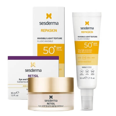 Sesderma Retisil Eye and Lip Pro-Aging Contour + Repaskin Fluido Invisible SPF 50+ New ZESTAW Krem do intensywnej pielęgnacji konturu oczu i ust 30 ml + Emulsja 50 ml