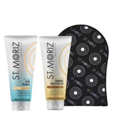 St Moriz Golden Glow Skin Set ZESTAW Peeling przygotowujący skórę do opalania 200 ml + Balsam stopniowo budujący opaleniznę 200 ml + Rękawica 1 szt