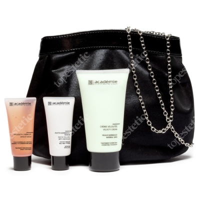 Academie Zestaw do twarzy nawilżający Academie Nawilżający krem "Miękkość", Peeling, Maska witaminowa z morelą + Wieczorowa torebka 75 ml, 15 ml, 15 ml