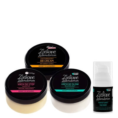 Zielone Laboratorium Krem Do Stóp + Krem Do Dłoni + BB Cream + Krem do Twarzy ZESTAW Mocznik, masło Shea 100 ml + Masło shea 100 ml + Balsam do twarzy i ciała z pigmentem 100 ml + Krem regenerująco-nawilżający 30 ml