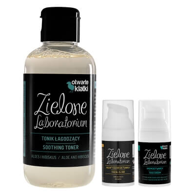 Zielone Laboratorium Tonik Łagodzący + Bogaty Elixir + Krem do Twarzy ZESTAW Aloes i hibiskus 150 ml + Elixir do twarzy z prebiotykiem 30 ml + Krem regenerująco-nawilżający 30 ml